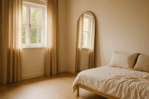 창가 옆 벽에 설치된 전신거울이 자연광을 반사하는 10평 원룸 미니멀 인테리어