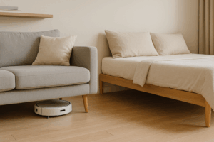 바닥이 보이는 플로팅 침대와 수납장으로 공간이 확장된 작은 방 인테리어