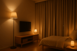 작은 방 조명 배치 - 간접조명과 스탠드 여러 개로 구성된 미니멀 원룸