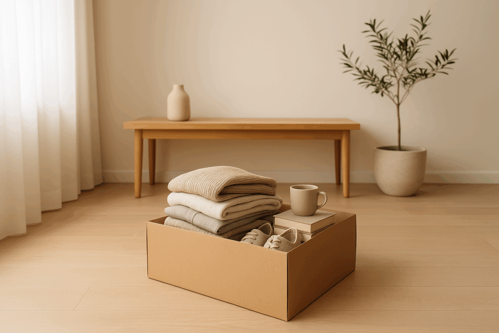 미니멀 거실에서 기부 상자에 접어 넣은 스웨터와 책, 머그컵, 올리브 화분이 보이는 비우기 장면, 따뜻한 자연광