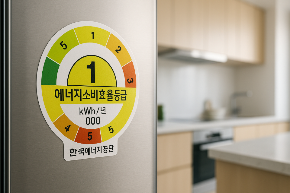 에너지효율 1등급 라벨이 선명하게 보이는 현대적인 주방 공간