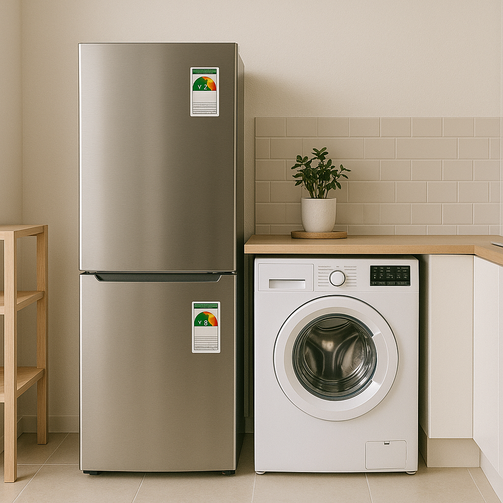 에너지 효율 등급 스티커가 붙은 냉장고와 세탁기가 있는 미니멀한 다용도실