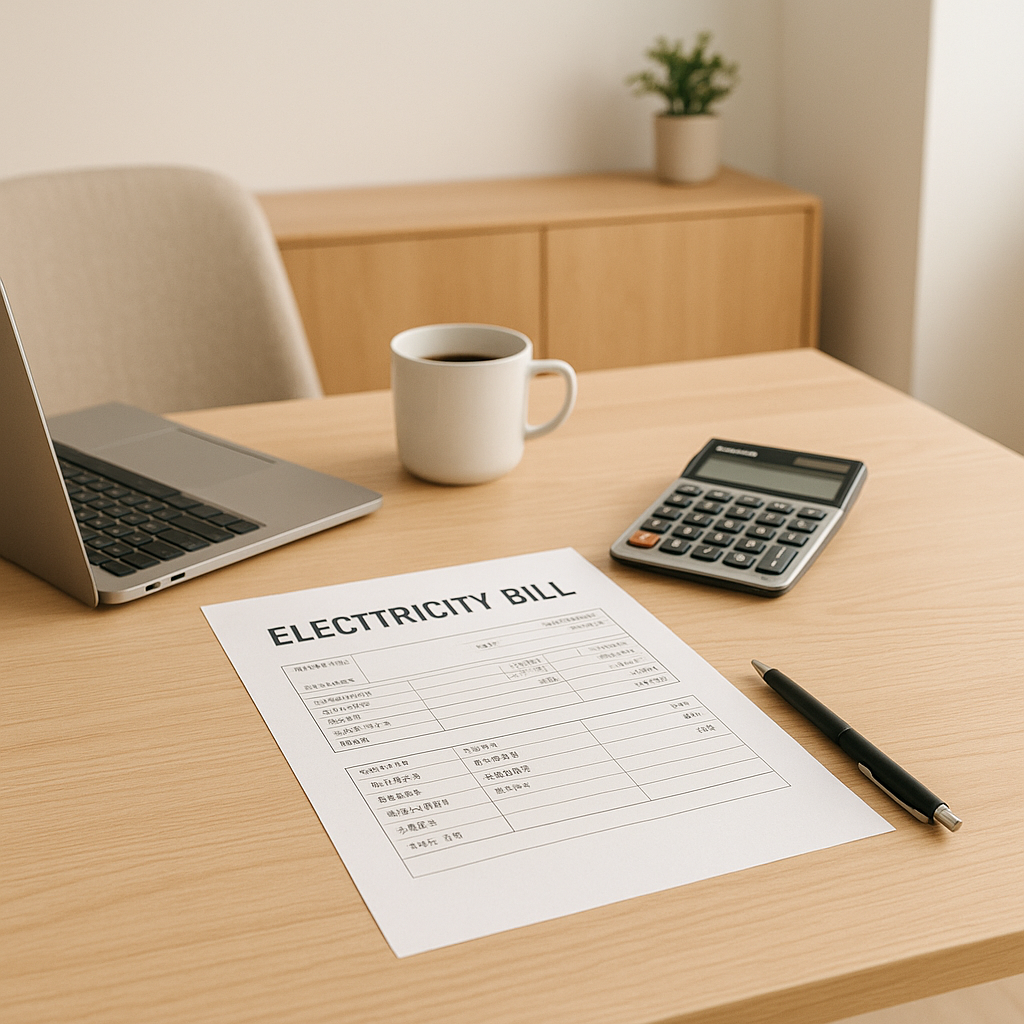 전기요금과 생활비 절약을 위해 고지서와 노트북을 살펴보는 미니멀한 책상