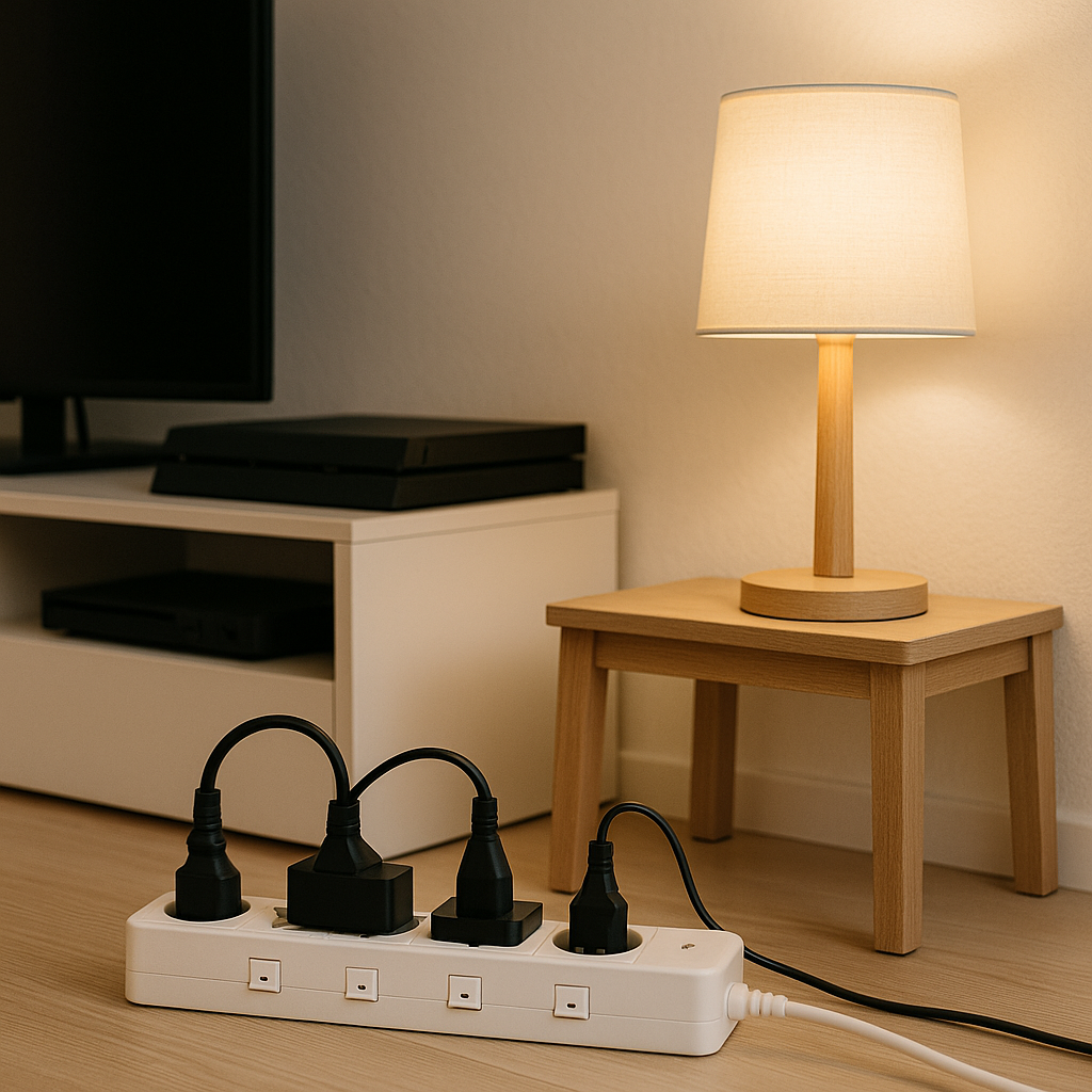 개별 스위치 멀티탭과 따뜻한 조명이 켜진 미니멀 거실 한쪽 모습