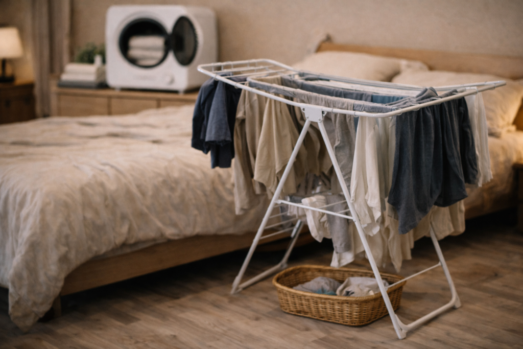 원룸 침실에서 빨래를 말리는 건조대 모습
