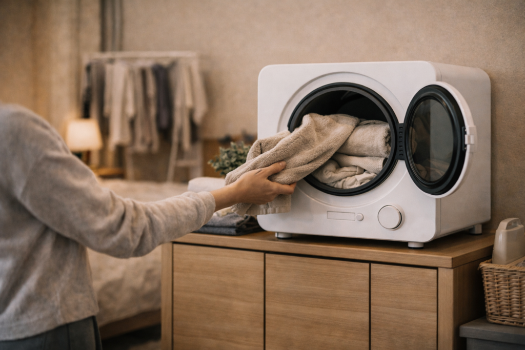 자취생이 미니 건조기에 수건을 넣는 장면