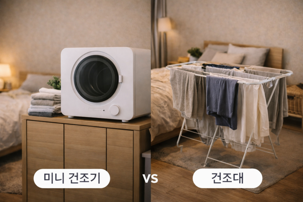 원룸에서 미니 건조기와 건조대를 비교하는 자취방 분위기