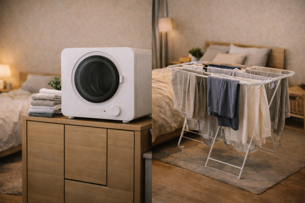 미니 건조기와 건조대가 있는 원룸 비교
